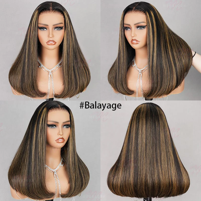 Salon-Quality Luxurious Glueless 6X5 HD Lace Wig Silky Straight Highlight Balayage /Chestnut Brown Colored Double Drawn Wig