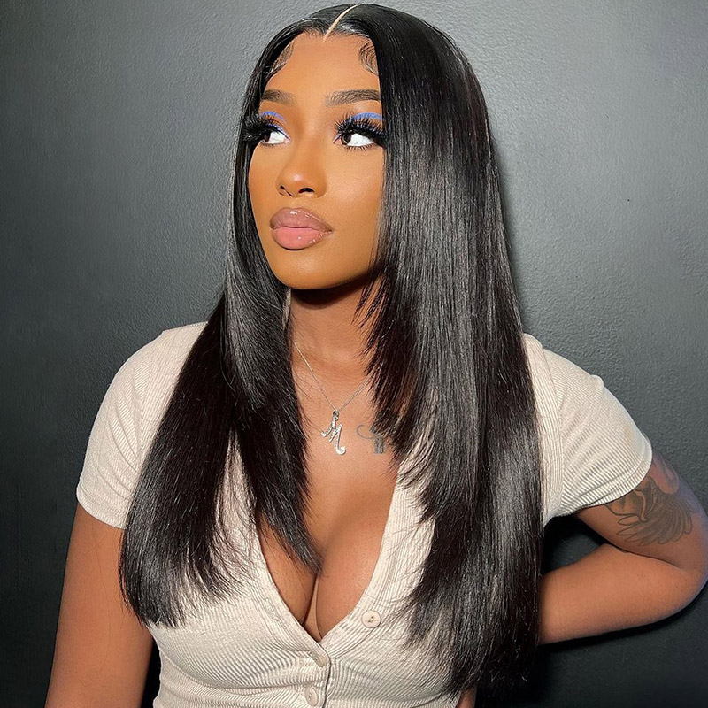TRILL Layered Straight Hair Glueless Lace Front Wigs 100% Human Hair Medium Length Pre Plucked & Bleached Pre Cut Option