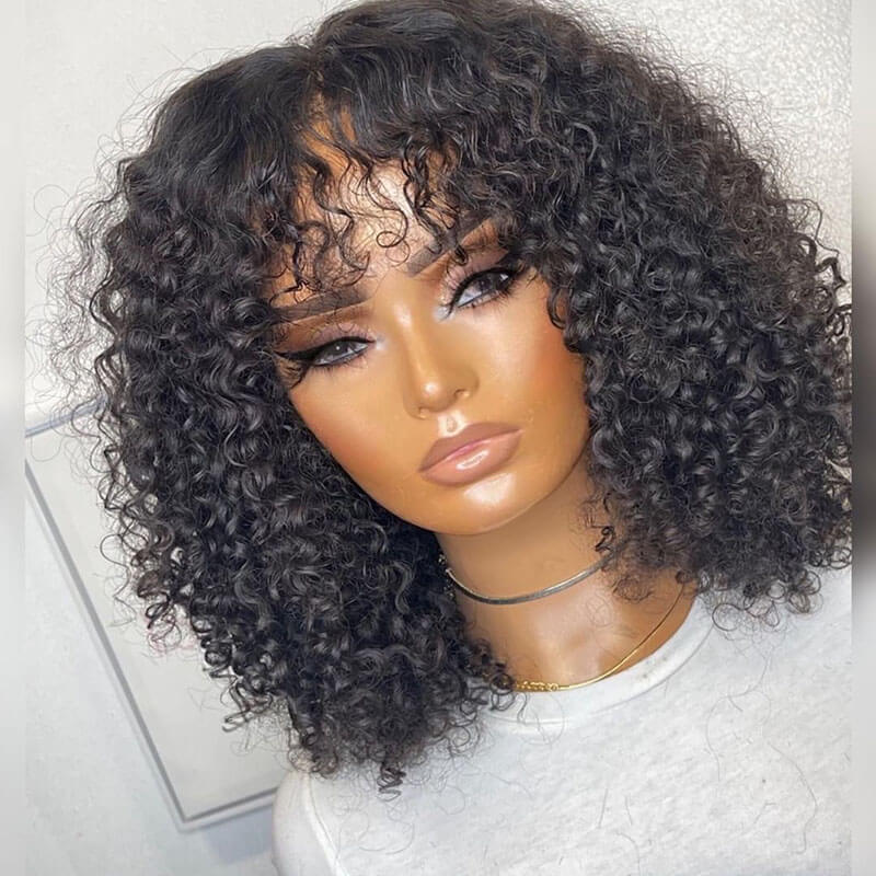 **TRILL DEAL**Short Fluffy Curly Human Hair Wig with Bangs Glueless Bob Wig
