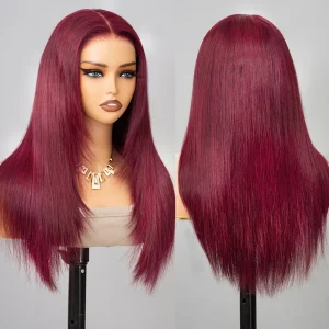 TRILL Straight Layered Cut 99J Burgundy Color Human Hair Wear Go Glueless 6×5 HD Lace Closure Wig