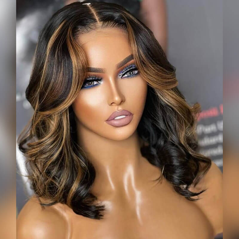 TRILL Highlight Short Human Hair Wig New Body Wave Beautiful Barrel Curls Glueless HD Lace Wig