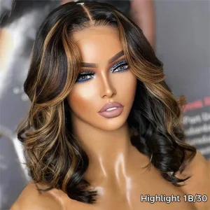 TRILL Highlight Color Short Loose Body Wave 6×5 HD Lace Glueless Wig Brown With Blonde 4/27 100% Human Hair
