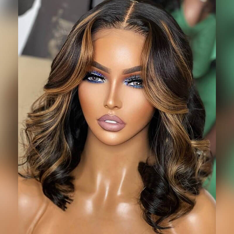 TRILL Highlight Short Human Hair Wig New Body Wave Beautiful Barrel Curls Glueless HD Lace Wig