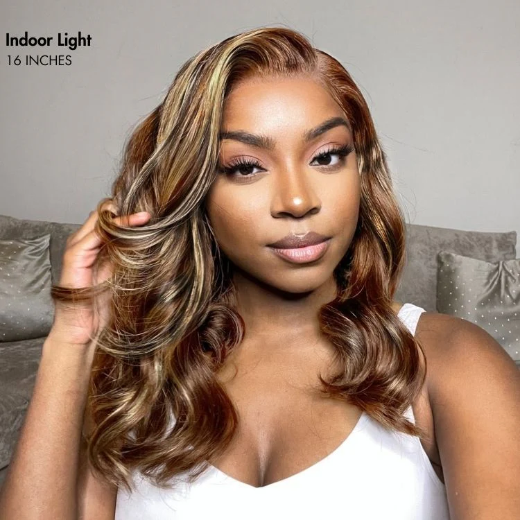 TRILL Honey Blonde Highlight / Natural Black / Ombre Blonde Bouncy Body Wave Glueless 13x4 Frontal Lace Human Hair Wig