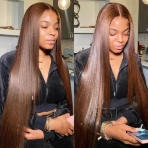 TRILL #613 / P1b/30 Highlight/#4 Chocolate Brown Bone Straight Hair Undetectable Transparent Lace Wig 30inch