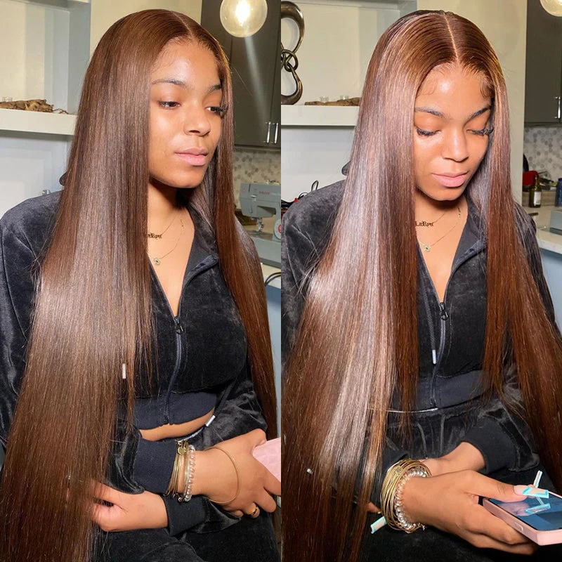TRILL #613 / P1b/30 Highlight/#4 Chocolate Brown Bone Straight Hair Undetectable Transparent Lace Wig 30inch