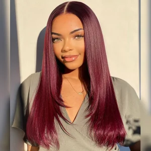 TRILL Straight Layered Cut 99J Burgundy Color Human Hair Wear Go Glueless 6×5 HD Lace Closure Wig