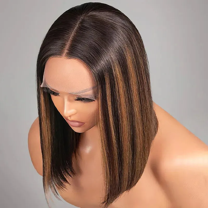 TRILL Blonde Highlight Mix Color Short Bob Straight Human Hair 6×5 Glueless Pre-Cut Lace Wig Bleached Knots