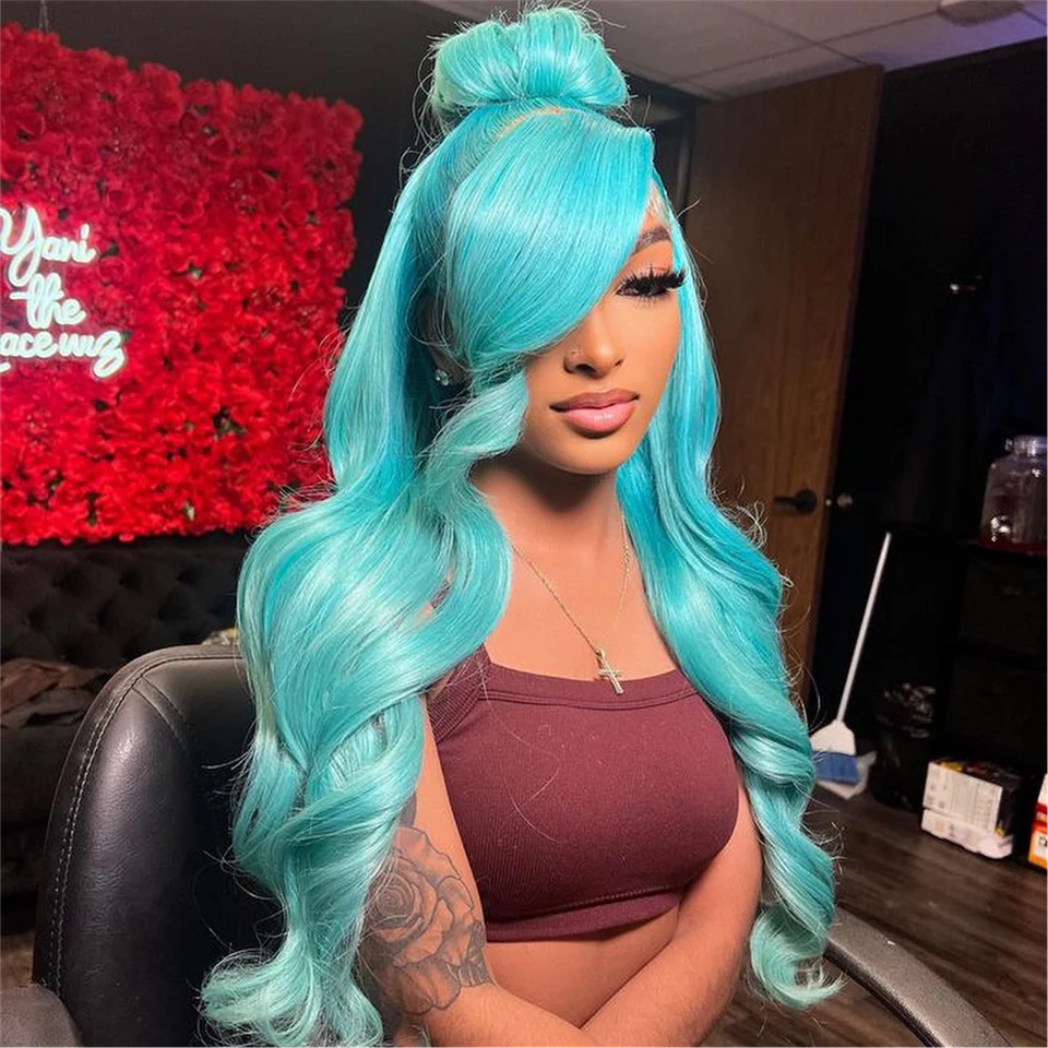 BLUISH-GREEN WIG STRAIGHT/WAVY SIDE PART WIG FOR BLACK LACE FRONTAL