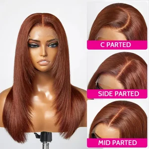 TRILL Layered Cut Copper Brown Color Human Hair Straight Glueless 6×5 Closure Wig Medium Length