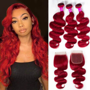 Brazilian Red Color Body Wave 3 Bundles With Lace Closure 100% Virgin Human Hair Bundles With Closure Long-Lasting Human Hair