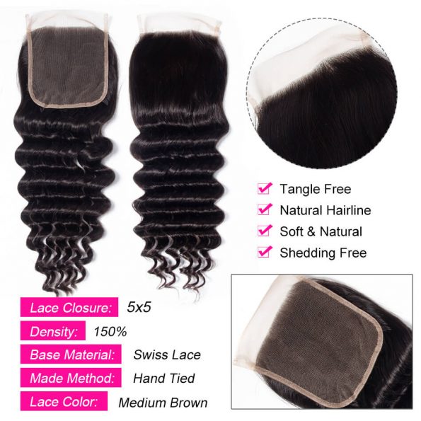 Long-Lasting Human Hair With HD Lace Closure With Bundles Brazilian Loose Deep 3 Bundles With 5×5 Closure 100% Human Hair - Image 6