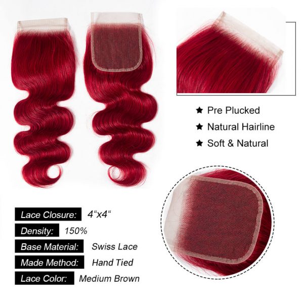 Brazilian Red Color Body Wave 3 Bundles With Lace Closure 100% Virgin Human Hair Bundles With Closure Long-Lasting Human Hair - Image 3