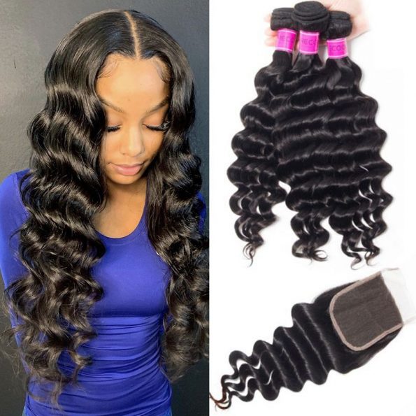 Long-Lasting Human Hair Loose Deep Wave 3 Bundles Human Hair Weave With Closure Brazilian Hair Bundles With Closure