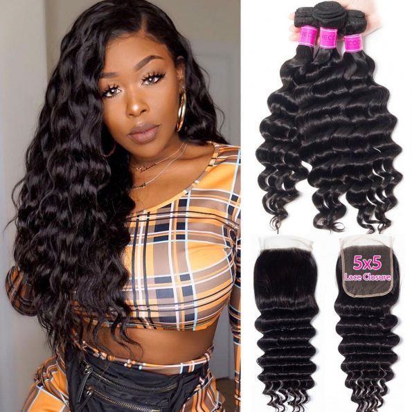 Long-Lasting Human Hair With HD Lace Closure With Bundles Brazilian Loose Deep 3 Bundles With 5×5 Closure 100% Human Hair