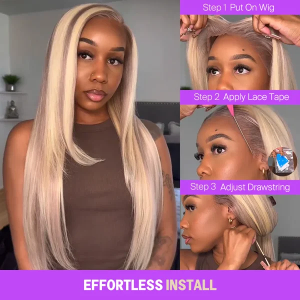 Blonde Highlight Glueless Wigs Silky Straight With Drawstring 100% Human Hair Wig