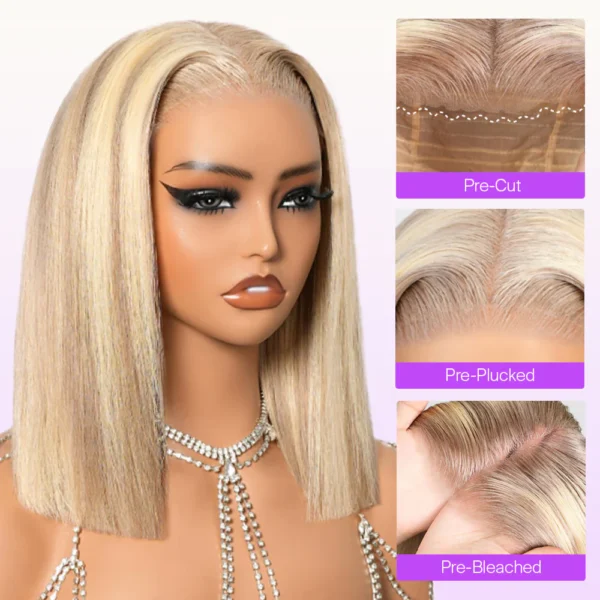 TRILL 6x5 Invisible Knots Glueless Blonde Highlight Straight Bob Wigs Realistic Hairline Beginner Friendly