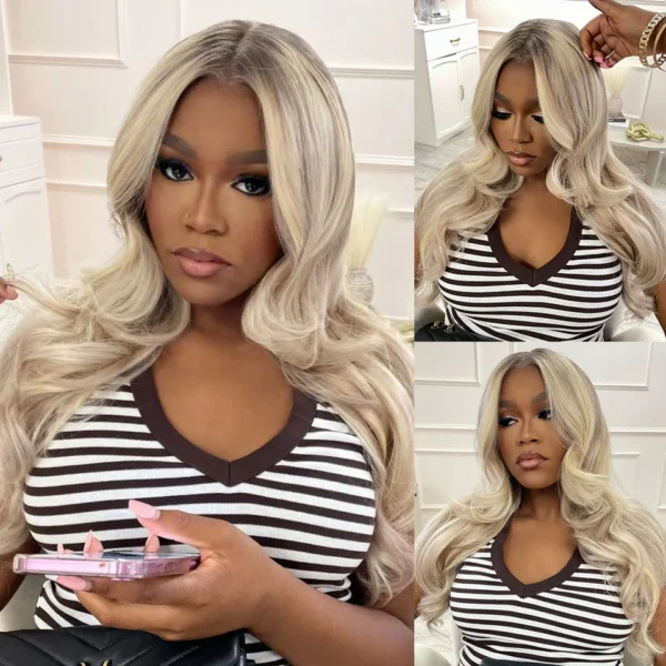 Blonde Highlight Glueless Wigs Silky Straight With Drawstring 100% Human Hair Wig