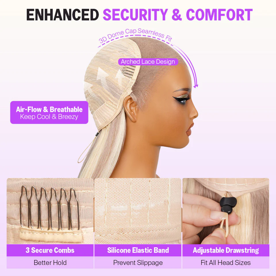 Blonde Highlight Glueless Wigs Silky Straight With Drawstring 100% Human Hair Wig - Image 6