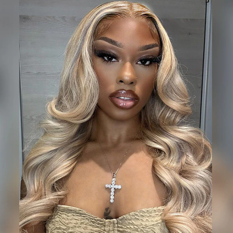 Blonde Highlight Glueless Wigs Silky Straight With Drawstring 100% Human Hair Wig - Image 7