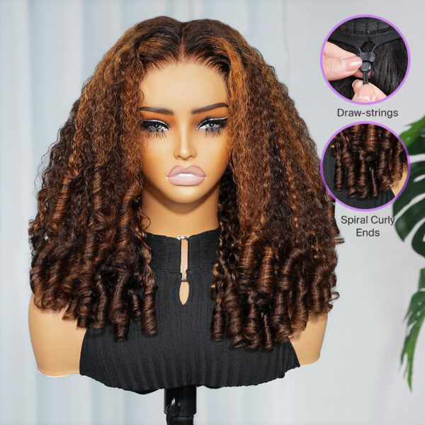 13x6 TRILL Dark Brown Glueless Wigs With Highlights Curly With Finger Coil Ends