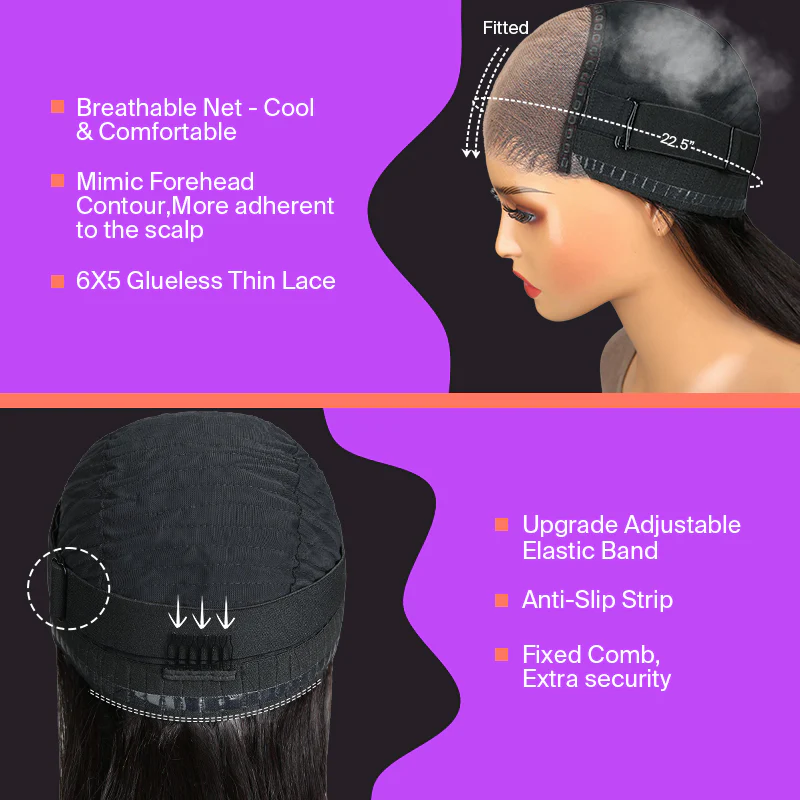6x5 Invisible Knots & 13x4 Pre-All Glueless Auburn Highlights On Black Straight Bob Wigs Beginner Friendly - Image 2