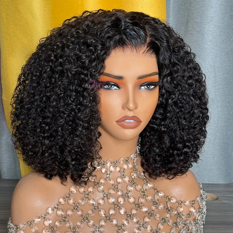 TRILL 6x5 Invisible Knots Glueless Curly Bob Wigs Pre-cut Lace Natural Black Beginner Friendly