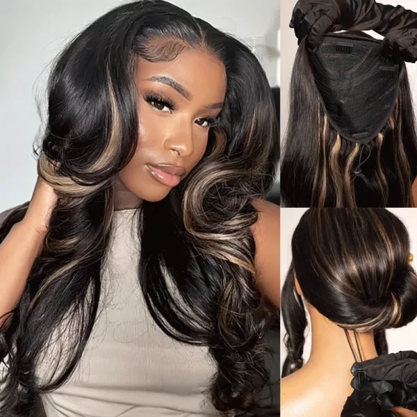 3 In 1 Half Wig Glueless Balayage Highlight Body Wave Wigs With Drawstring Endless Protective Styles