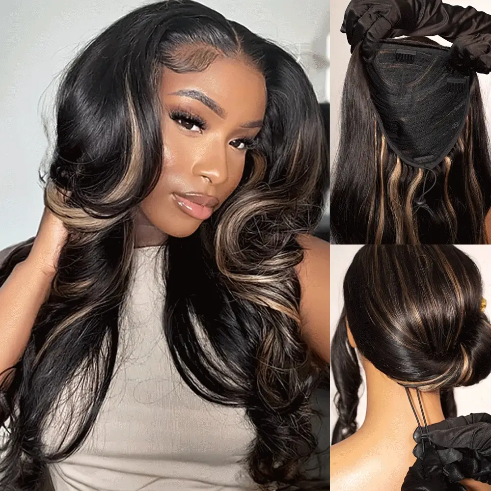 3 In 1 Half Wig Glueless Balayage Highlight Body Wave Wigs With Drawstring Endless Protective Styles