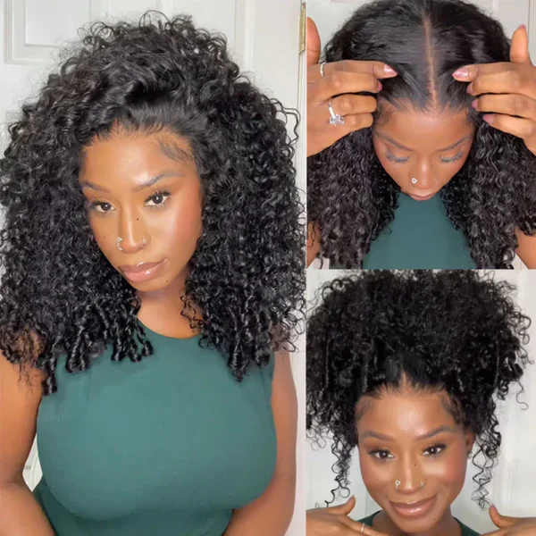 13x6 TRILL Glueless Wig Jerry Curly With Finger Coil Ends Natural Black Hair With Drawstring