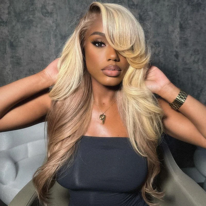 13x6 Blonde And Brown TRILL Ombre Glueless Wigs Loose Body Wave With Drawstring 100% Human Hair - Image 4