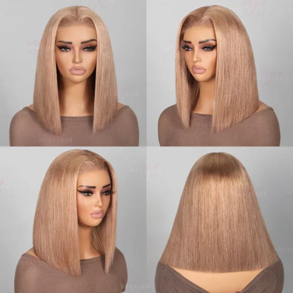 6 Inches Deep Part Wigs Blonde Highlight Straight Bob Natural Black 100% Human Hair Wig