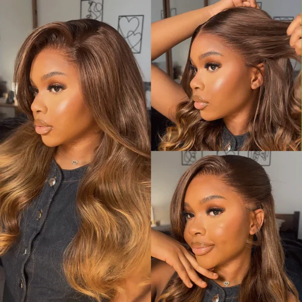 13x6 Brown Ombre Glueless Wigs Loose Body Wave With Drawstring 100% Human Hair Wig