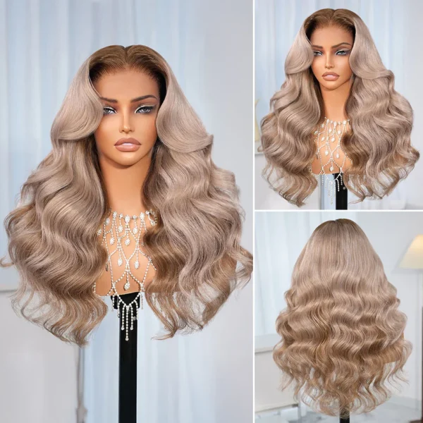 TRILL 13x6 Ash Blonde Highlights On Brown Hair Body Wave With Drawstring 100% Human Hair Wig
