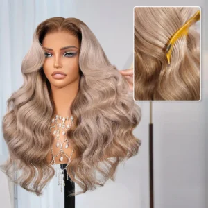 TRILL 13x6 Ash Blonde Highlights On Brown Hair Body Wave With Drawstring 100% Human Hair Wig