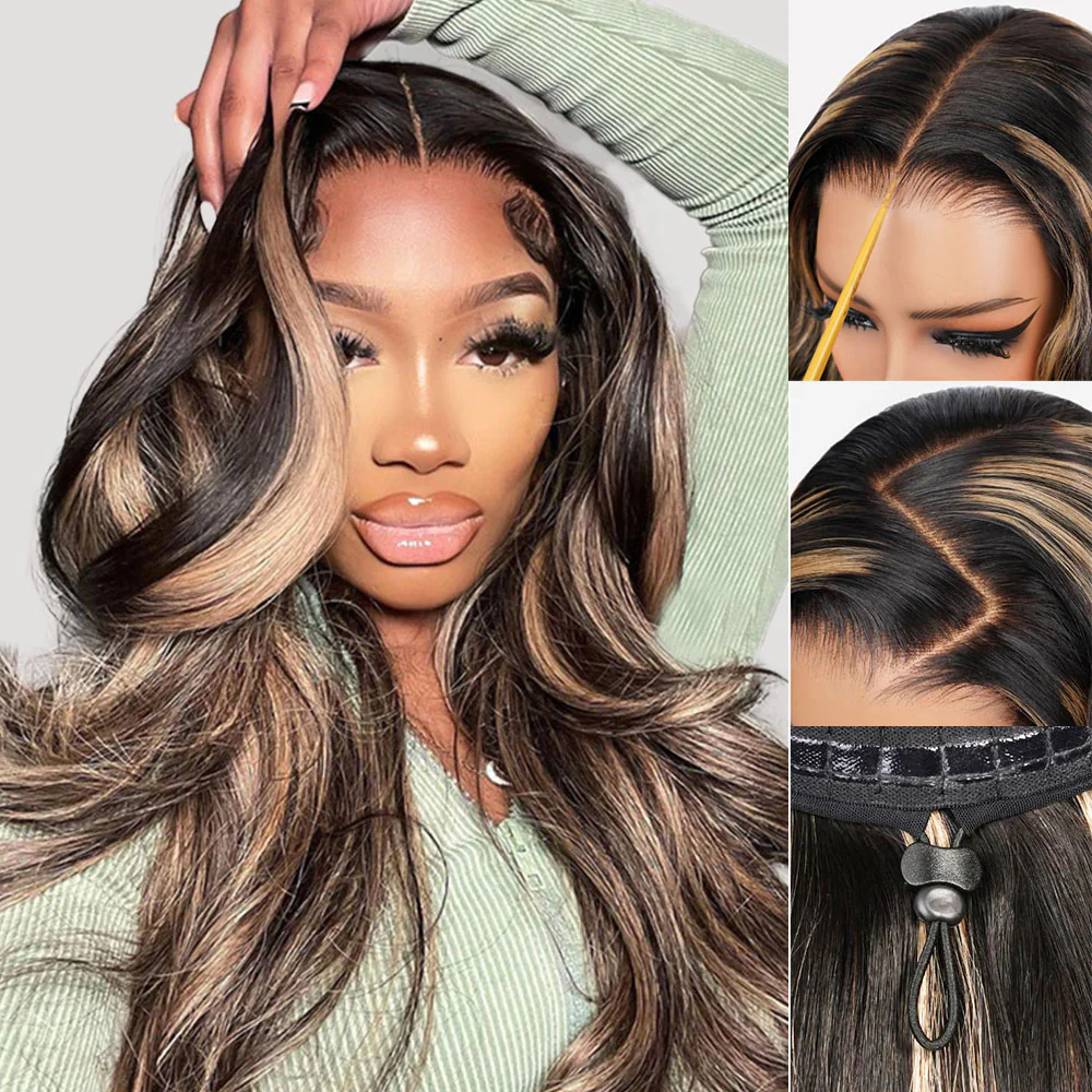 Balayage Highlight Glueless Wigs Silky Straight With Drawstring 100% Human Hair Wig