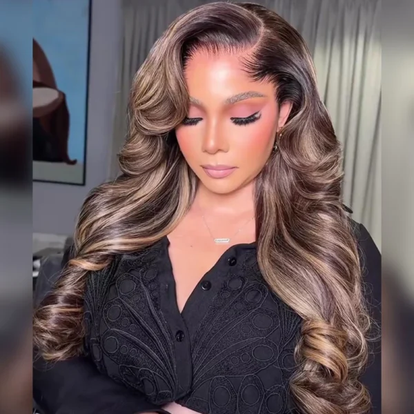 Balayage Highlight Glueless Wigs Silky Straight With Drawstring 100% Human Hair Wig