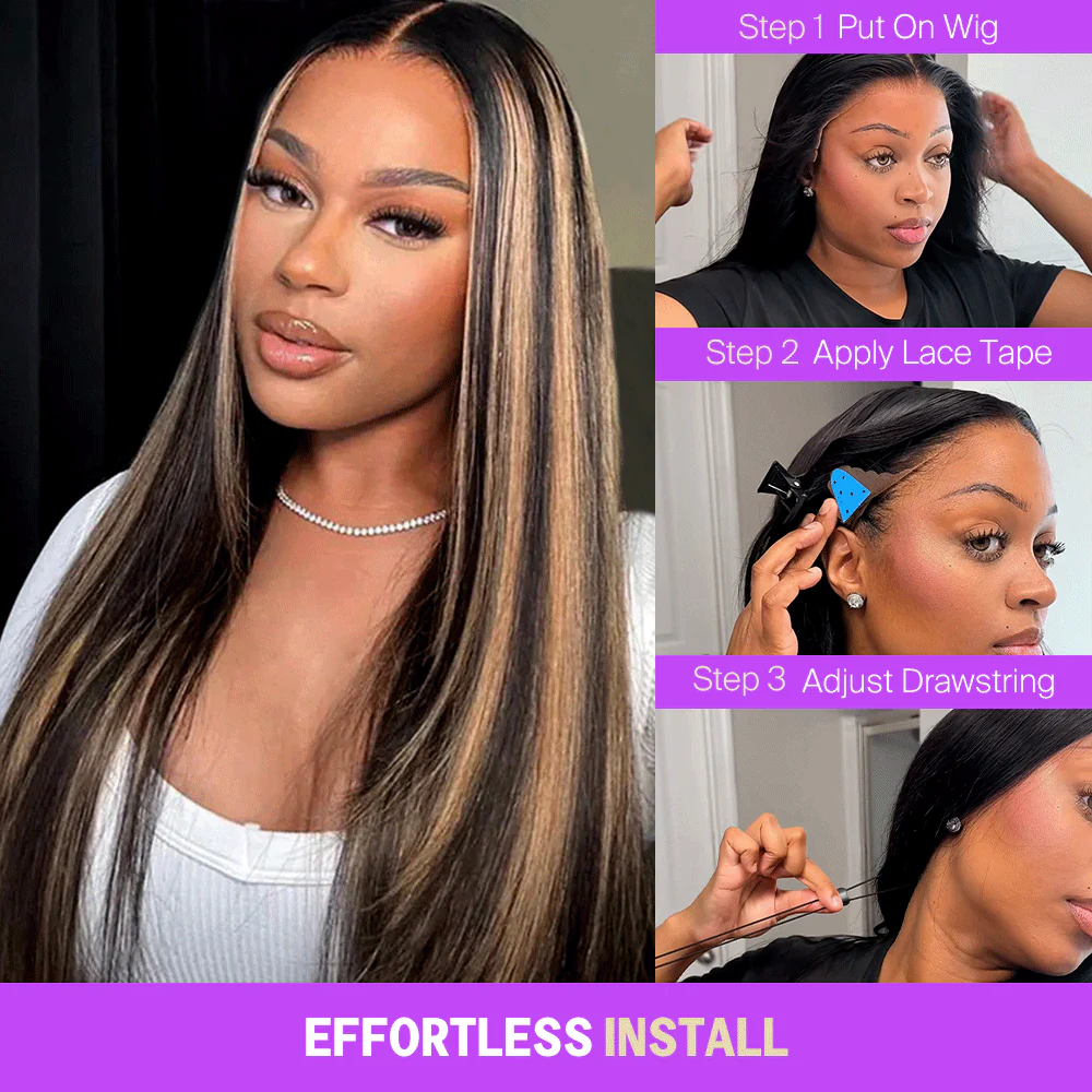 Balayage Highlight Glueless Wigs Silky Straight With Drawstring 100% Human Hair Wig - Image 5