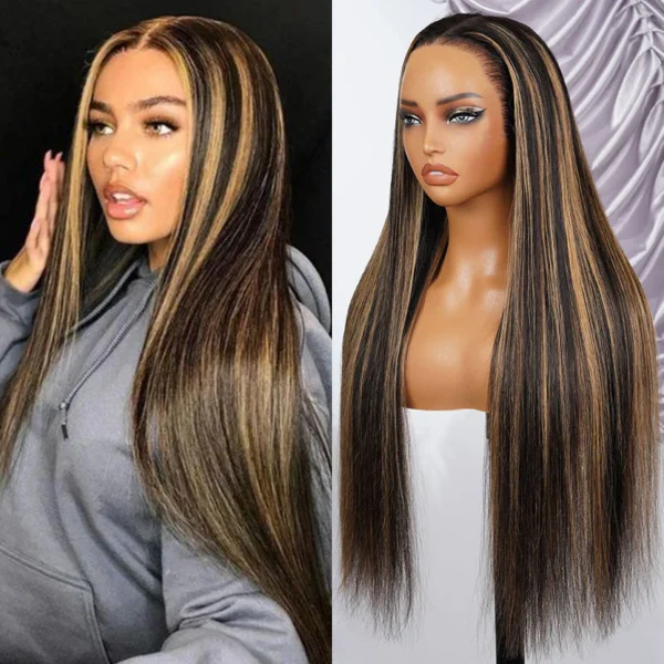 Balayage Highlight Glueless Wigs Silky Straight With Drawstring 100% Human Hair Wig