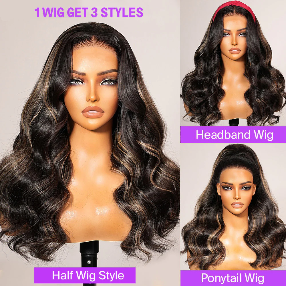 3 In 1 Half Wig Glueless Balayage Highlight Body Wave Wigs With Drawstring Endless Protective Styles - Image 4