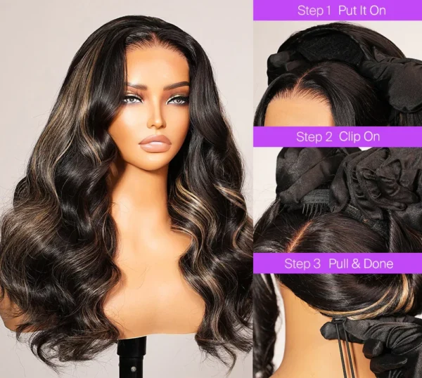 3 In 1 Half Wig Glueless Balayage Highlight Body Wave Wigs With Drawstring Endless Protective Styles