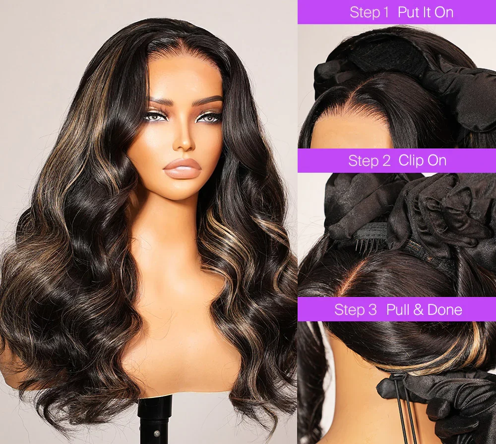 3 In 1 Half Wig Glueless Balayage Highlight Body Wave Wigs With Drawstring Endless Protective Styles - Image 6