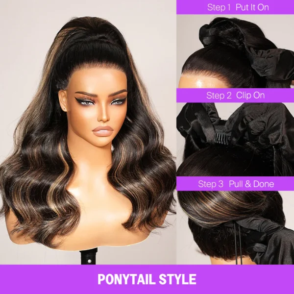3 In 1 Half Wig Glueless Balayage Highlight Body Wave Wigs With Drawstring Endless Protective Styles