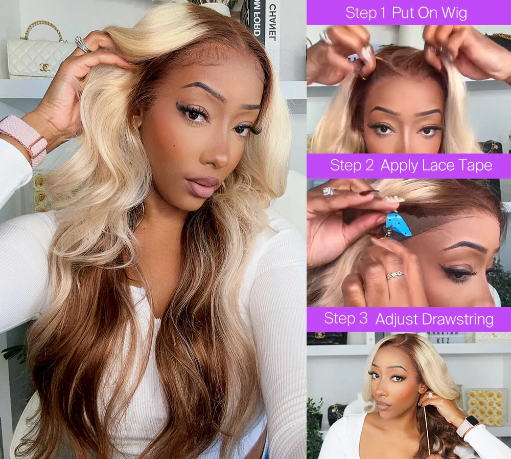 Champagne and Brown Ombre Colored 6x5 Pre-All Glueless Loose Body Wave Wigs - Image 5