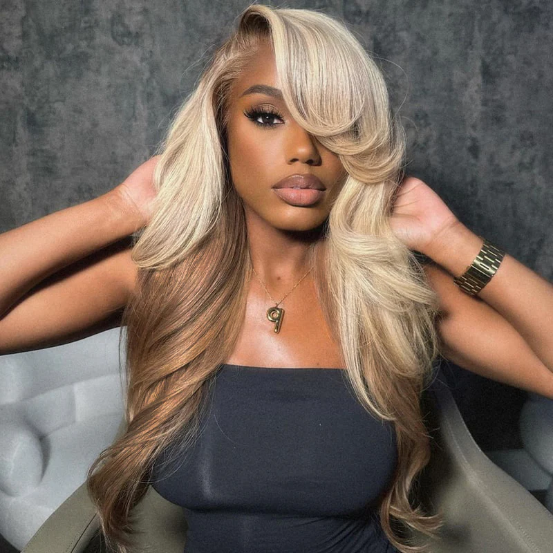 Champagne and Brown Ombre Colored 6x5 Pre-All Glueless Loose Body Wave Wigs