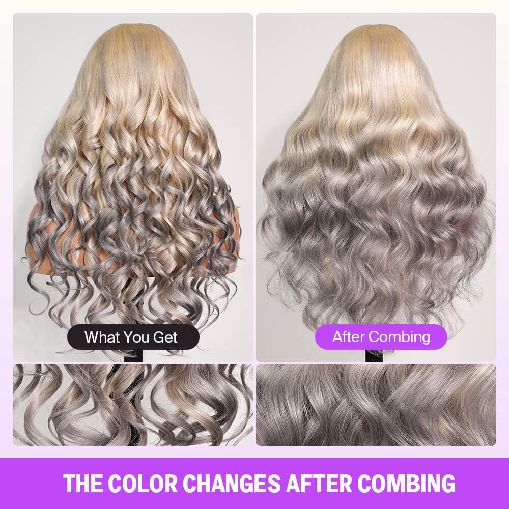13x6 Blonde To Ash Grey Ombre Glueless Loose Body Wave With Drawstring 100% Human Hair - Image 3