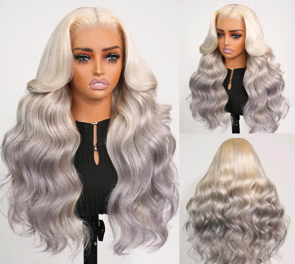 13x6 Blonde To Ash Grey Ombre Glueless Loose Body Wave With Drawstring 100% Human Hair