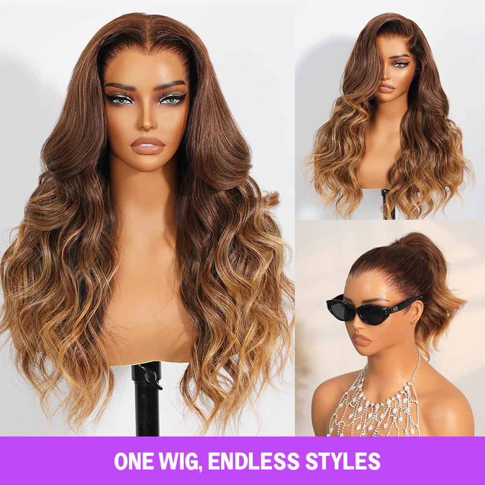 13x6 Brown Ombre Glueless Wigs Loose Body Wave With Drawstring 100% Human Hair Wig