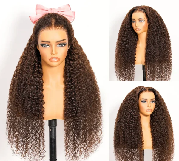 13x6 Chocolate Brown Glueless Wigs Water Wave Curly with Drawstring 100% Human Hair Wig