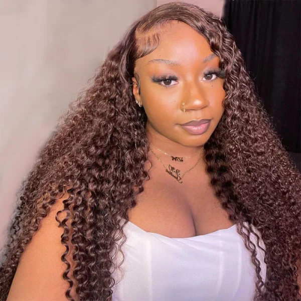 13x6 Chocolate Brown Glueless Wigs Water Wave Curly with Drawstring 100% Human Hair Wig